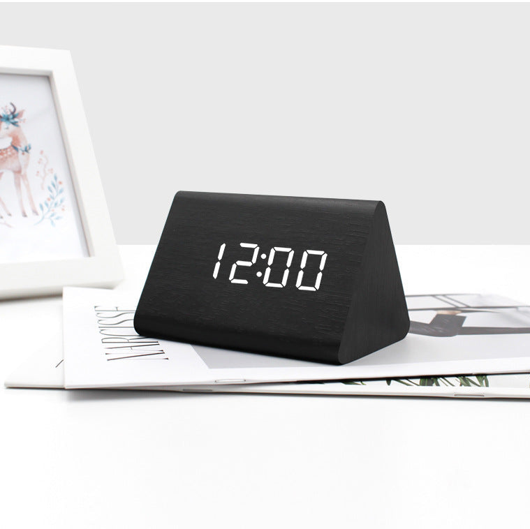 Elegant Wooden Triangle Clock - Digital LED Alarm Clock with Touch Recognition and Two Power Options