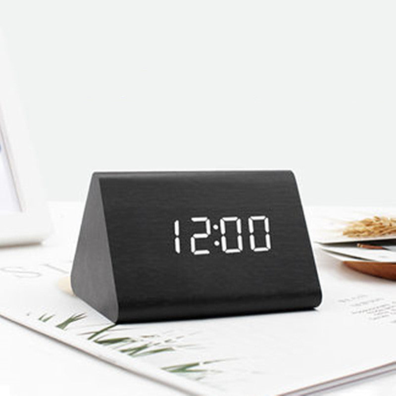 Elegant Wooden Triangle Clock - Digital LED Alarm Clock with Touch Recognition and Two Power Options