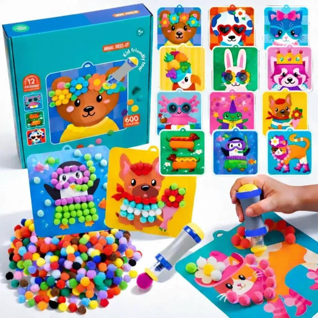 Kreatives Pompon Bastelset mit Tierkarten – Bildschirmfreies Spielen