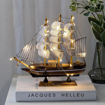 Elegant Wooden Boat Sculpture with LED Lighting – Stylish Decorative Element for Home and Office