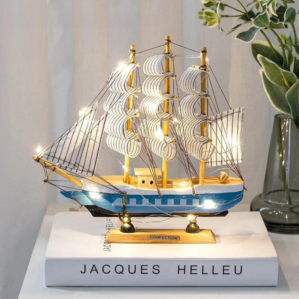 Elegant Wooden Boat Sculpture with LED Lighting – Stylish Decorative Element for Home and Office