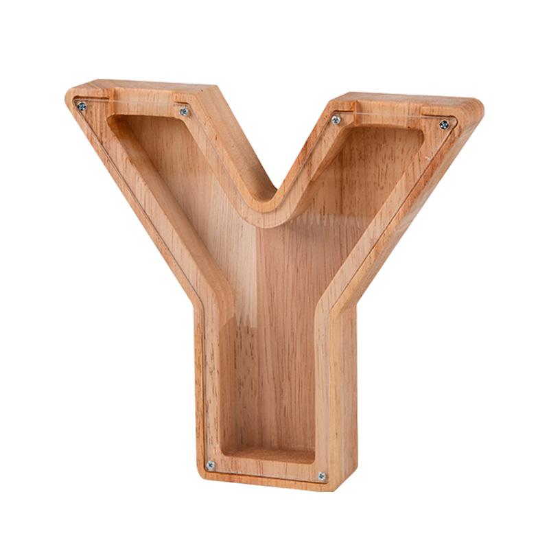 Handgefertigte Holzspardose mit Alphabet-Design