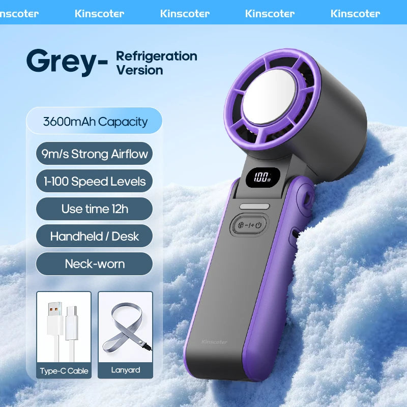 FrostWind Mini-Ventilator | Anpassbare Kühlung mit 100 Stufen | 3600 mAh Akku | Tragbar & Eis-Kühlung