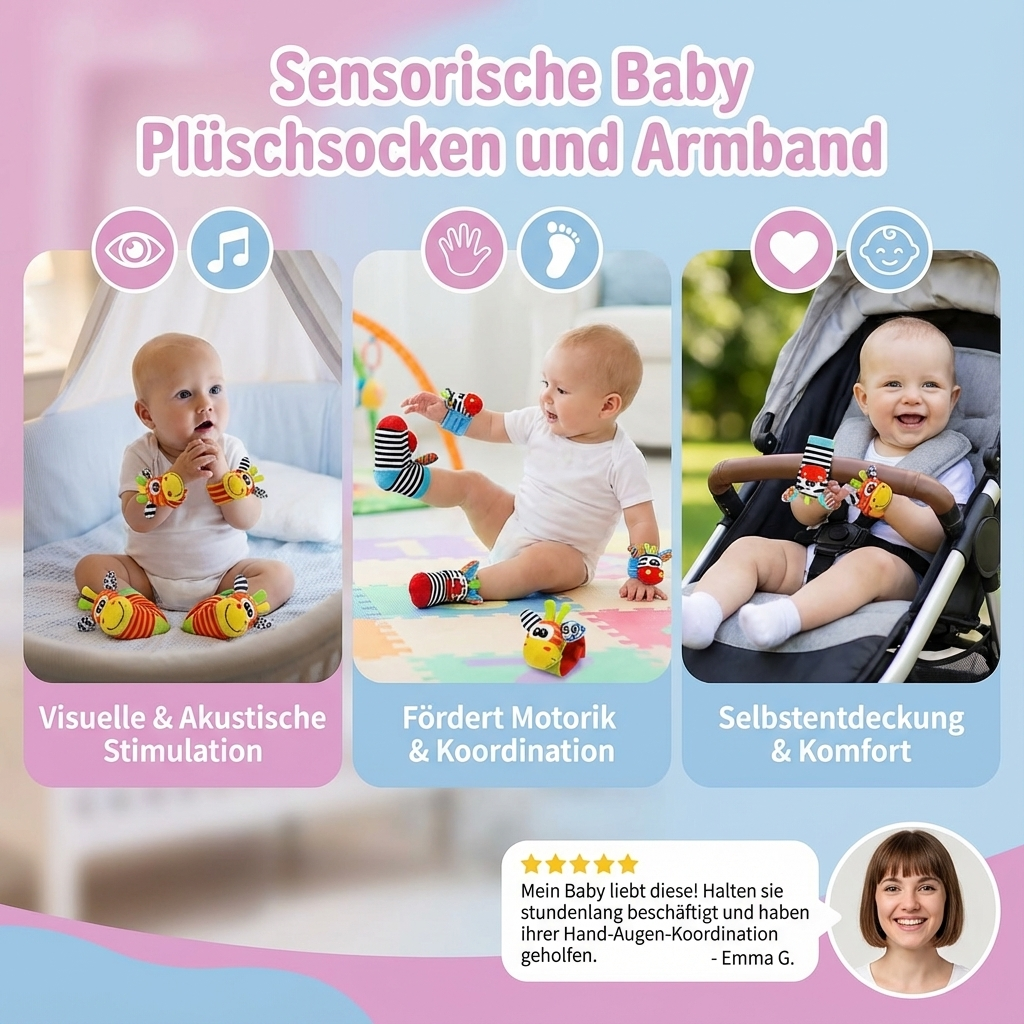 Plush socks and bracelet for babies with sensory elements