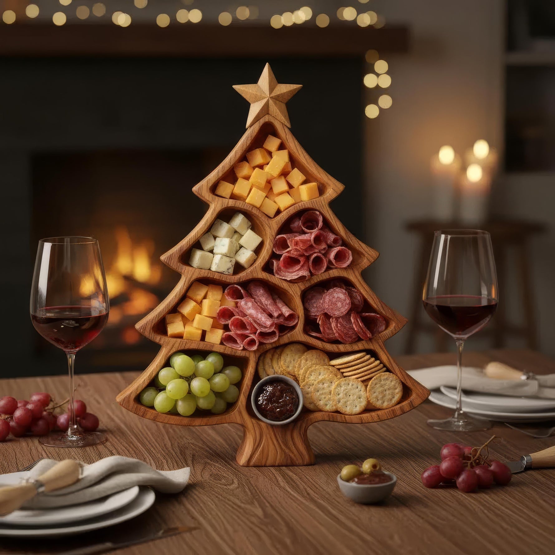 Festliche Holzservierplatte mit praktischen Fächern | 2er Set