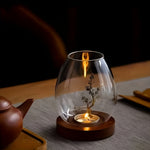 Elegant Set of 2 Glass Candle Holders with Wooden Base – Retro-Zen Flair for Your Home