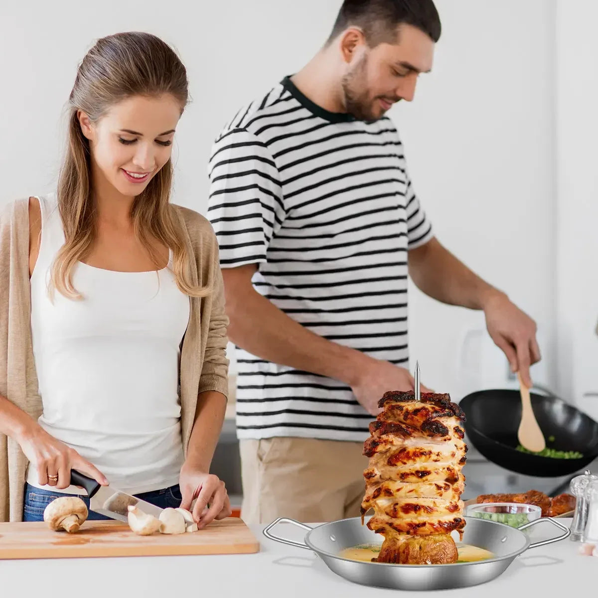Edelstahl Vertikaler Grillspieß | Perfekter Fleischhalter mit Tropfschale | Set mit 3 Spießen (20–30 cm)