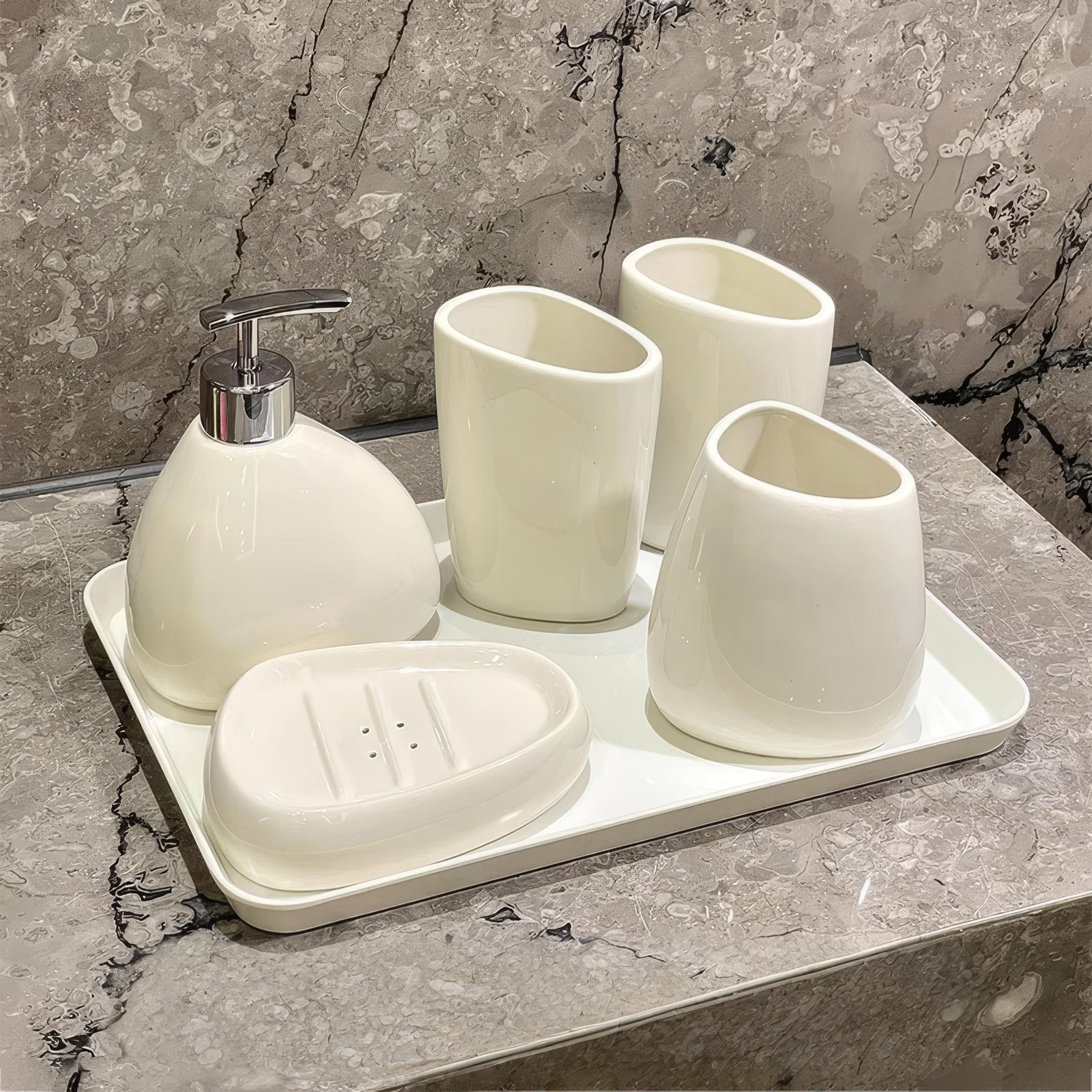 Elegant Bathroom Set with Soap Dispenser and Tumblers