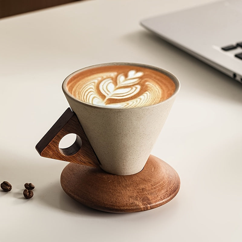 Elegante Keramiktasse 250ml – Handgefertigt mit Holzgriff und Untersetzer | AromaCraft