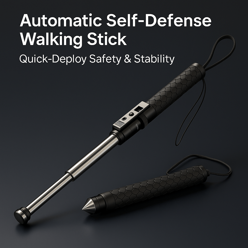 Stability-supporting cane for automatic self-defense