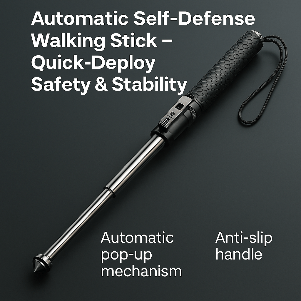 Stability-supporting cane for automatic self-defense