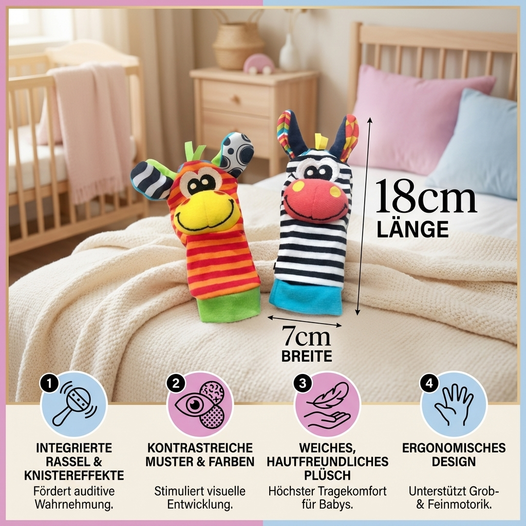 Plush socks and bracelet for babies with sensory elements