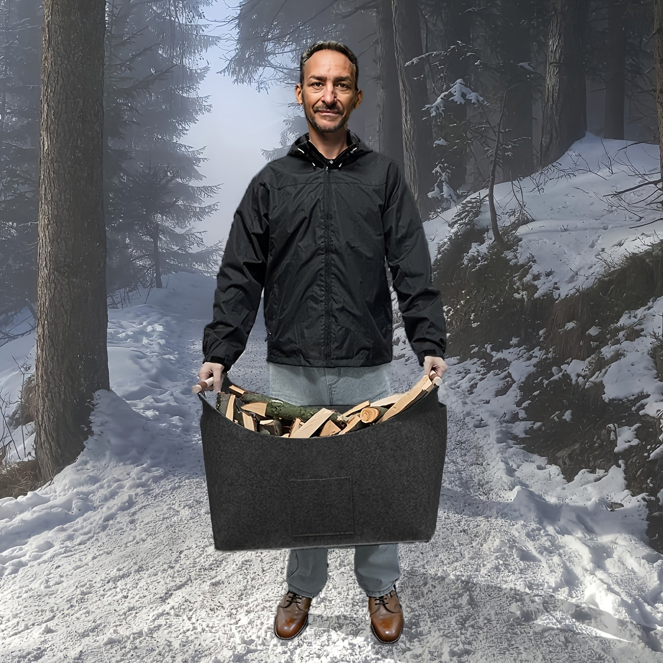 Elegant Foldable Wood and Felt Storage Box 55 Liters with Leather Accents