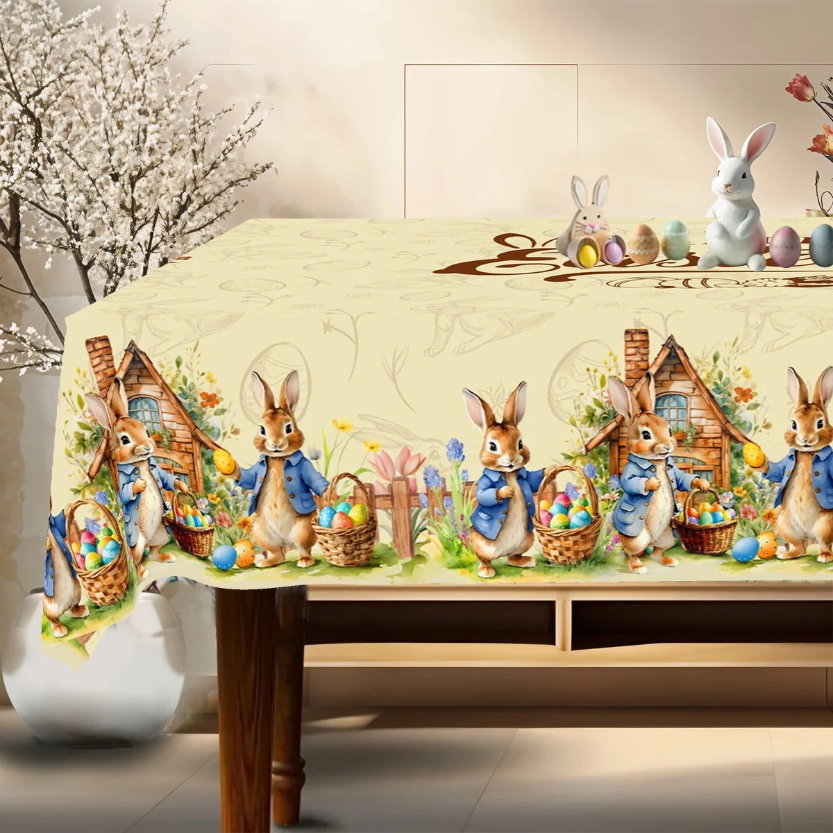 Festlicher Tischläufer für Ostern | Charmante Hasen- und Blumenmuster