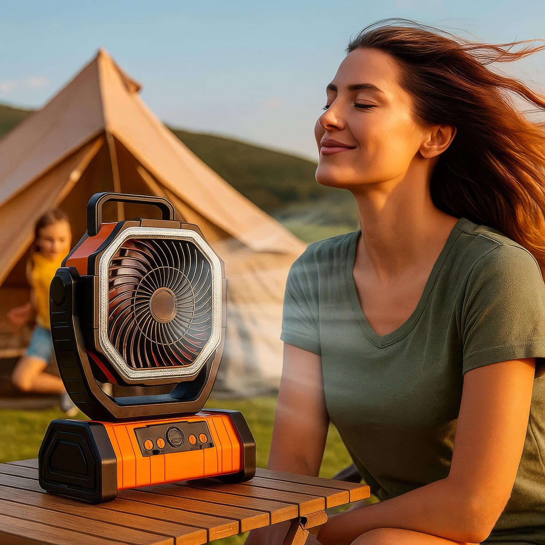 Lufterfrischer – Tragbarer Standventilator mit LED für Abenteuer im Freien