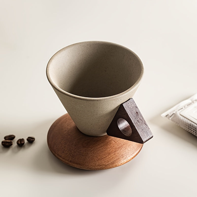 Elegante Keramiktasse 250ml – Handgefertigt mit Holzgriff und Untersetzer | AromaCraft