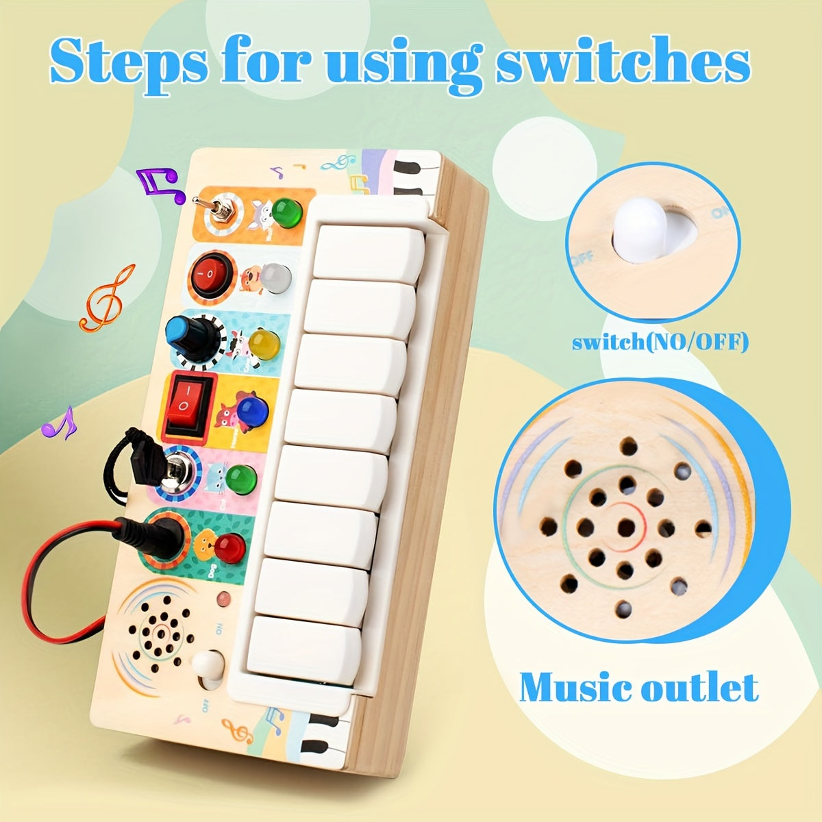 Wooden musical early learning toy with keys and lights