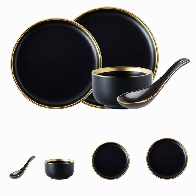 Black Porcelain Dinnerware Set with Plates and Bowls