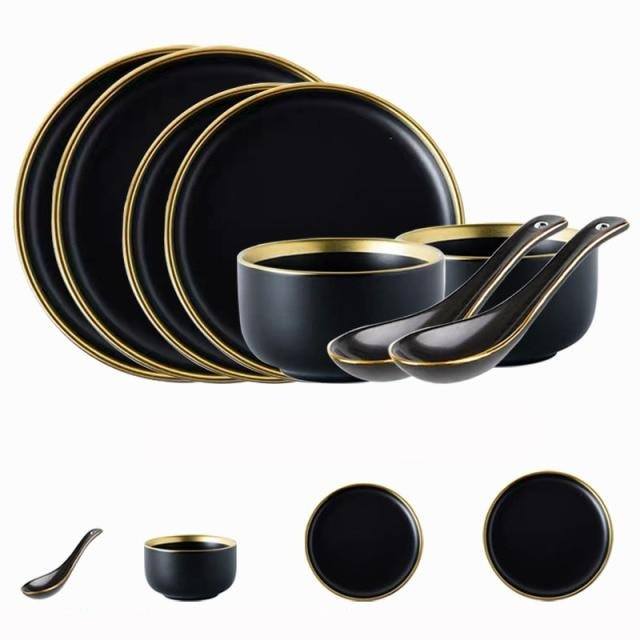 Black Porcelain Dinnerware Set with Plates and Bowls
