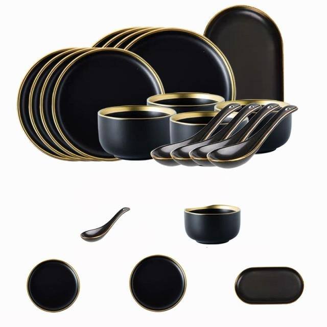 Black Porcelain Dinnerware Set with Plates and Bowls