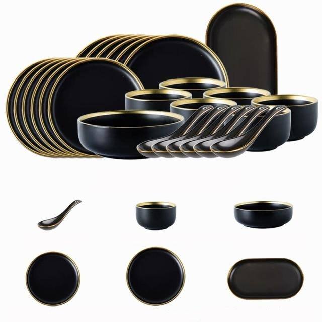 Black Porcelain Dinnerware Set with Plates and Bowls