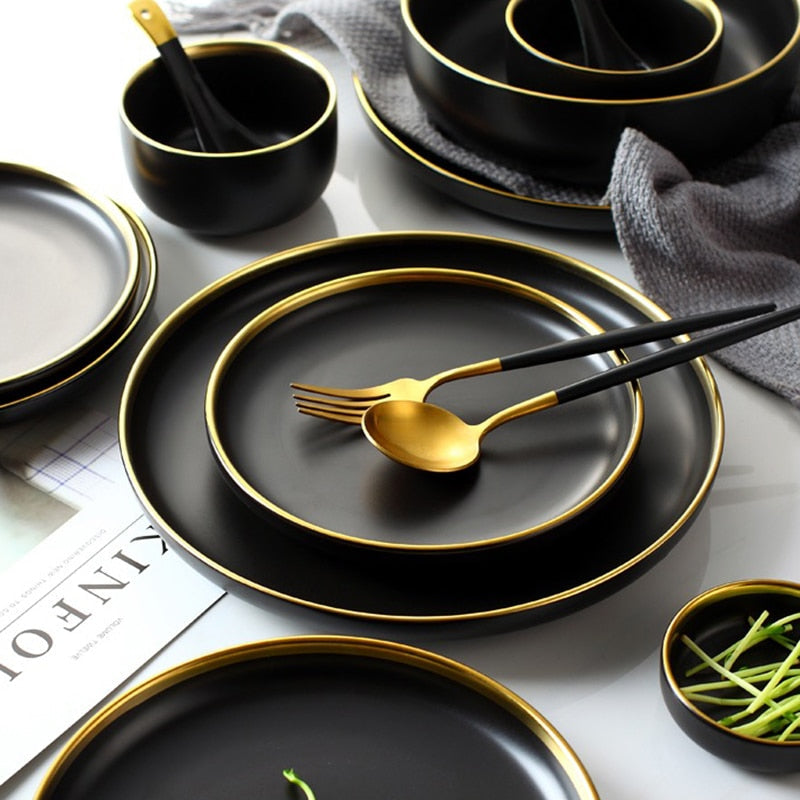 Black Porcelain Dinnerware Set with Plates and Bowls