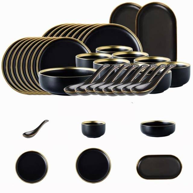 Black Porcelain Dinnerware Set with Plates and Bowls