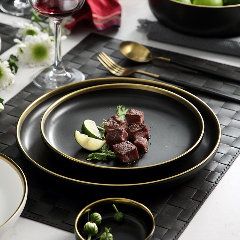 Black Porcelain Dinnerware Set with Plates and Bowls