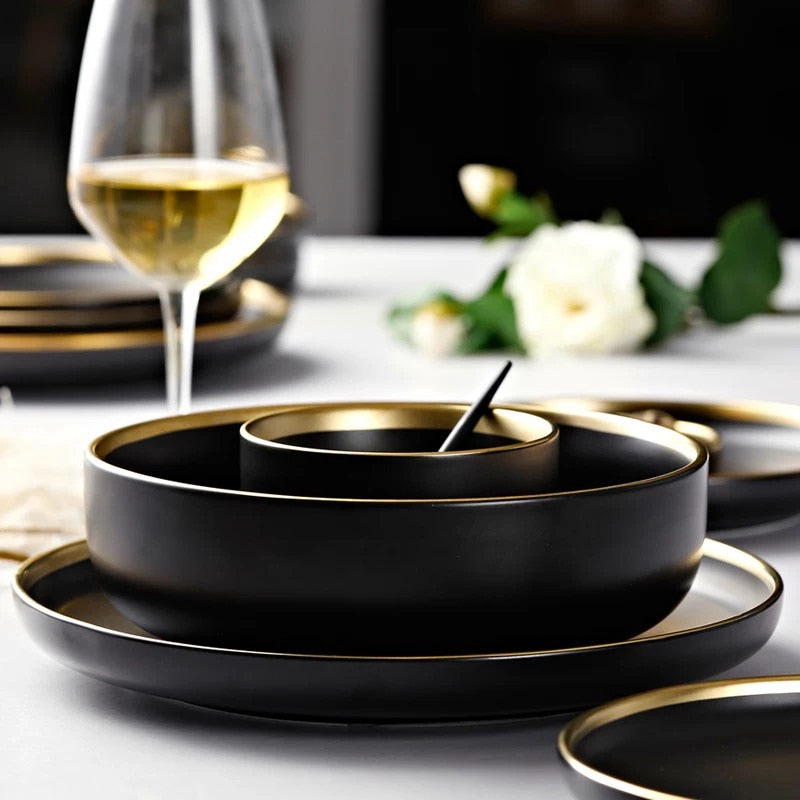 Black Porcelain Dinnerware Set with Plates and Bowls