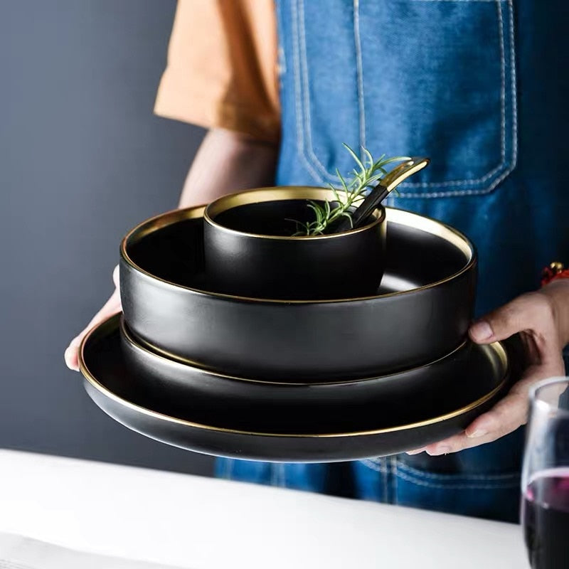 Black Porcelain Dinnerware Set with Plates and Bowls