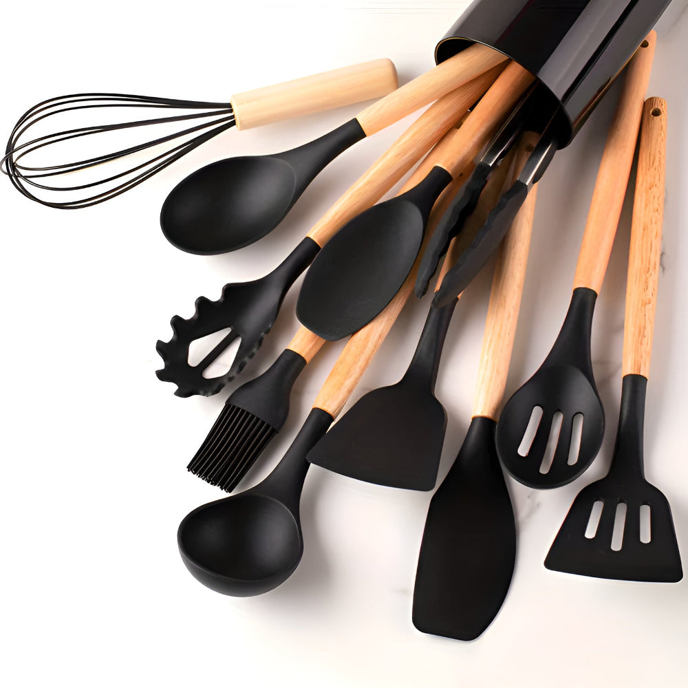 Heat Resistant Silicone and Wood Cooking Utensil Set