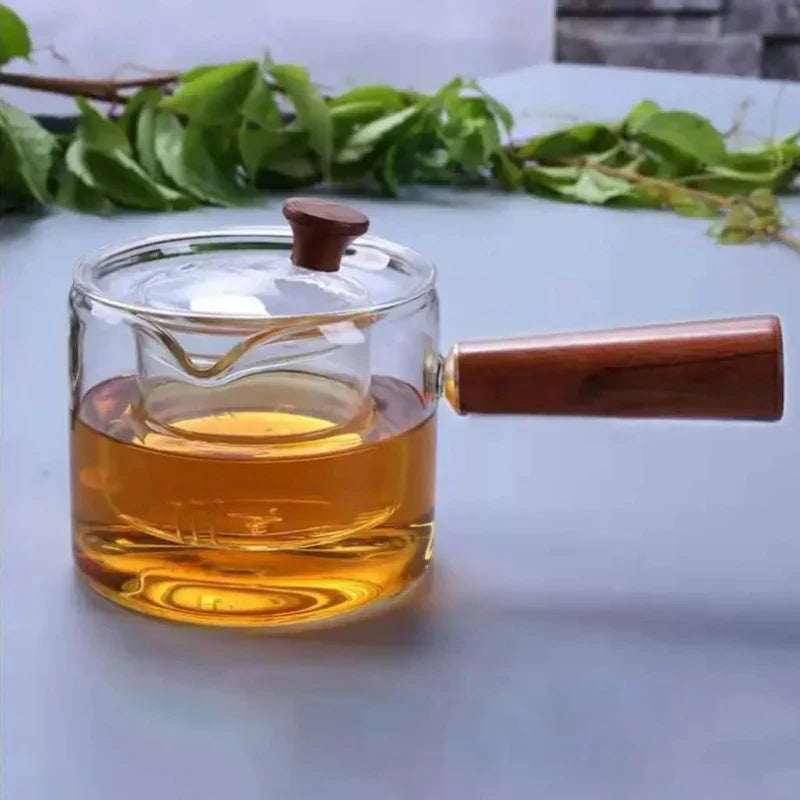 Hitzebeständige Teekanne aus Borosilikatglas mit Holzgriff und Teesieb