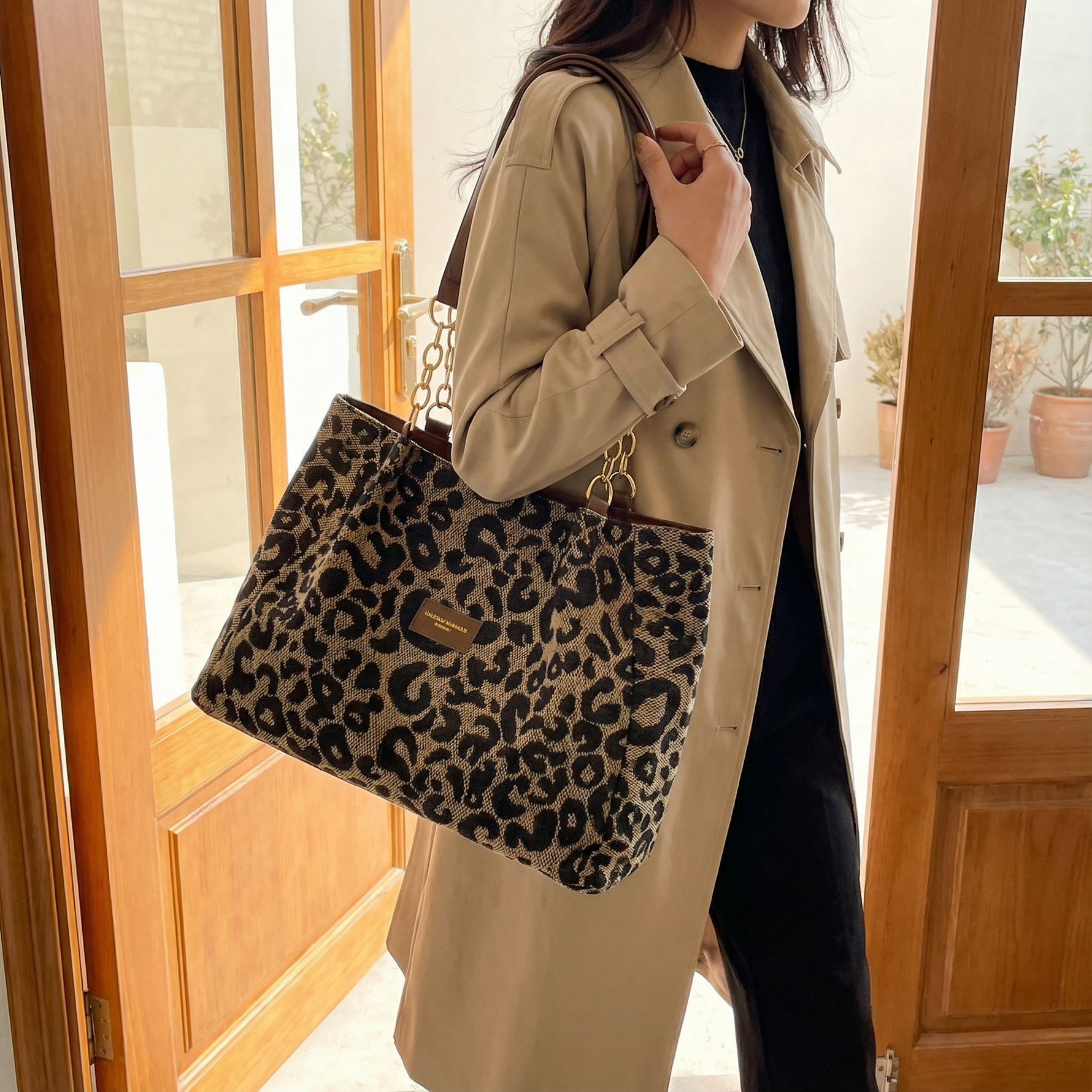 Elegant leopard print pouches with gold chain