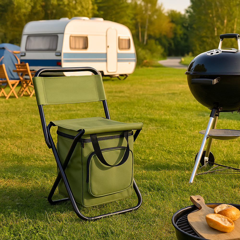 Komfortabler Campingstuhl mit Kühltasche für unterwegs