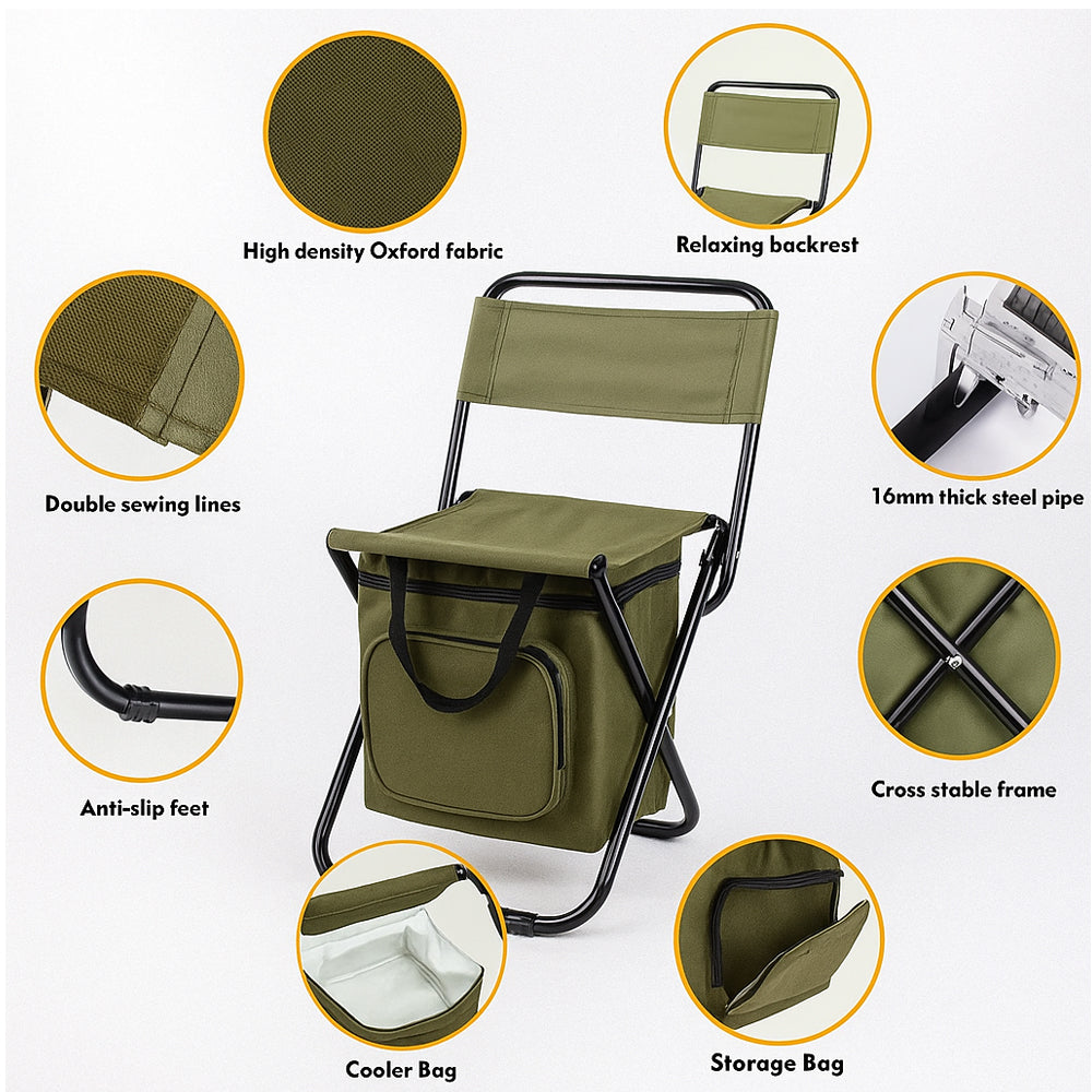Komfortabler Campingstuhl mit Kühltasche für unterwegs