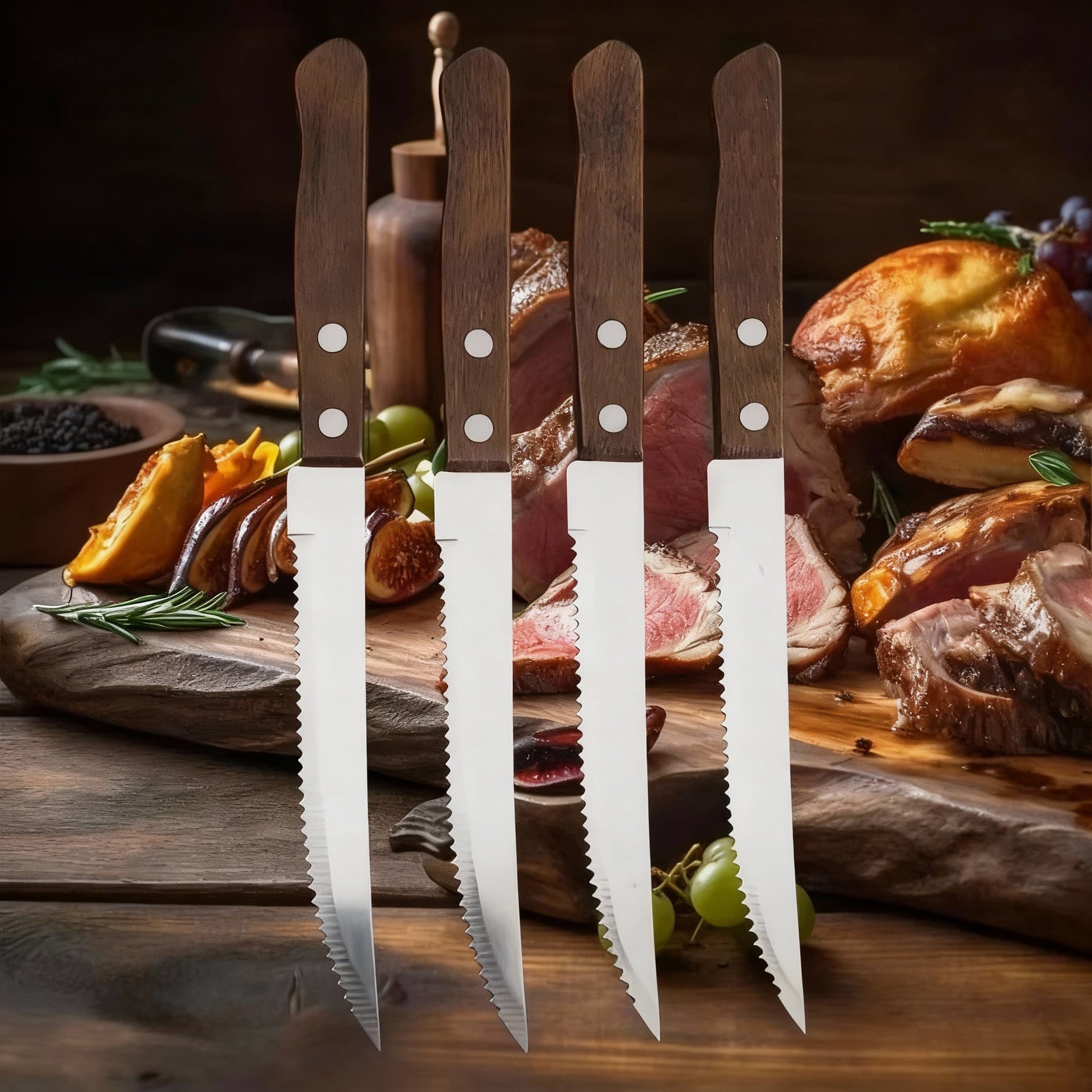 Elegantes Steakmesser-Set mit Holzgriffen und gezahnten Klingen