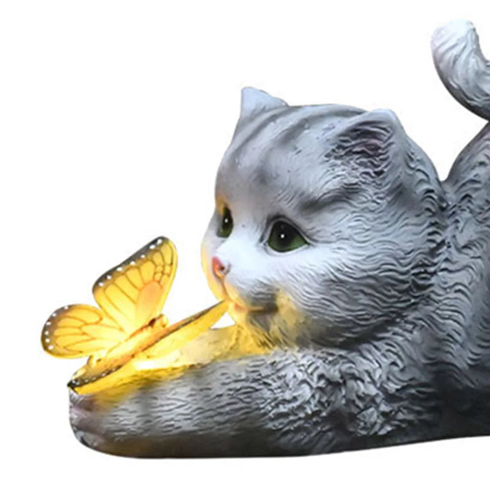 Sunshine Cat Figurine | Weatherproof | Cat with Butterfly | Garden and Patio Decoration