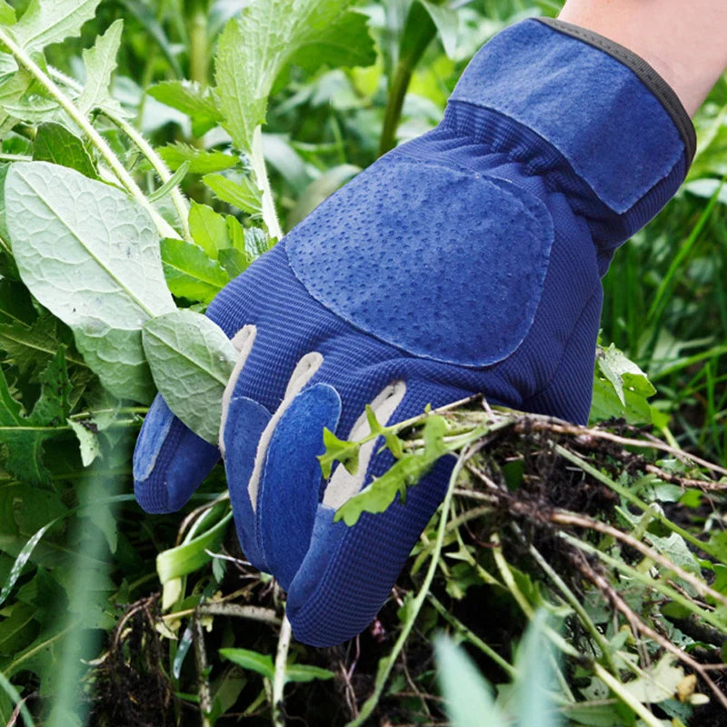 Robust garden gloves with cowhide reinforcement