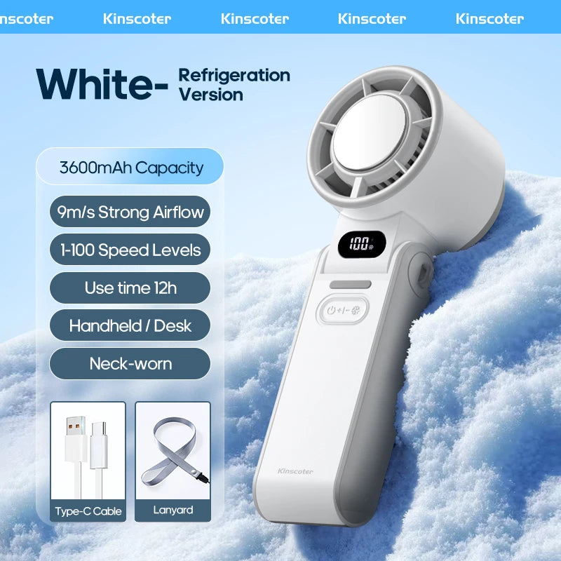 FrostWind Mini-Ventilator | Anpassbare Kühlung mit 100 Stufen | 3600 mAh Akku | Tragbar & Eis-Kühlung