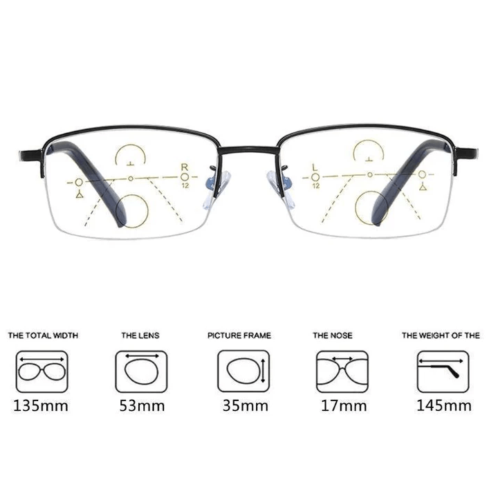 Lightweight titanium reading glasses with progressive lenses