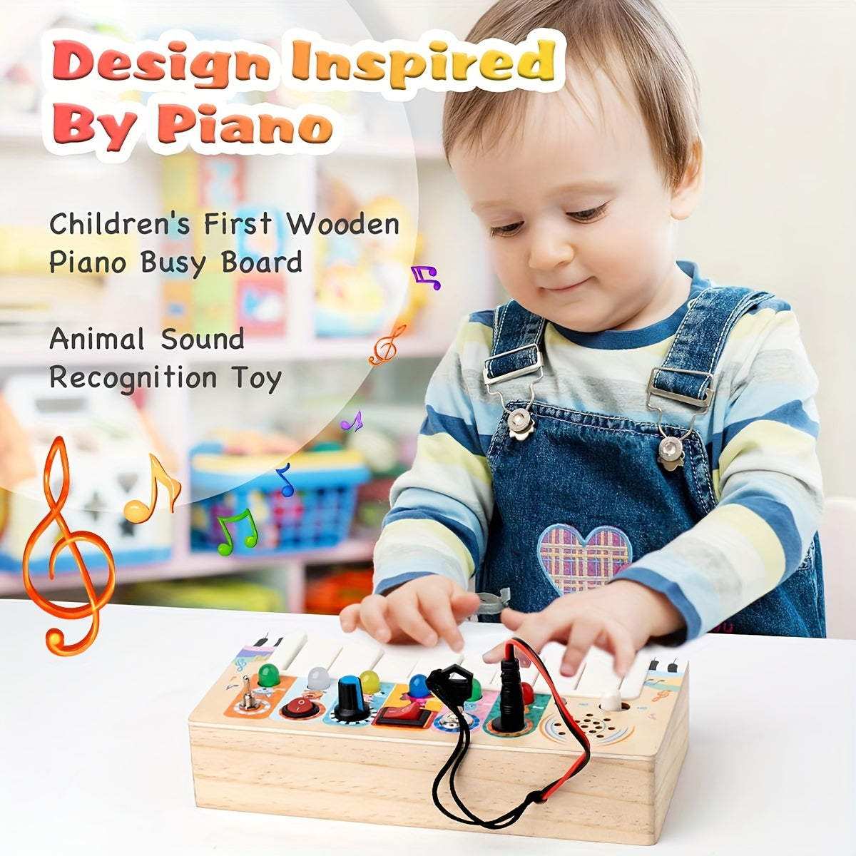 Wooden musical early learning toy with keys and lights