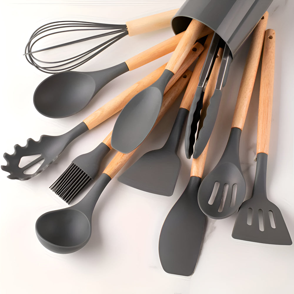 Heat Resistant Silicone and Wood Cooking Utensil Set