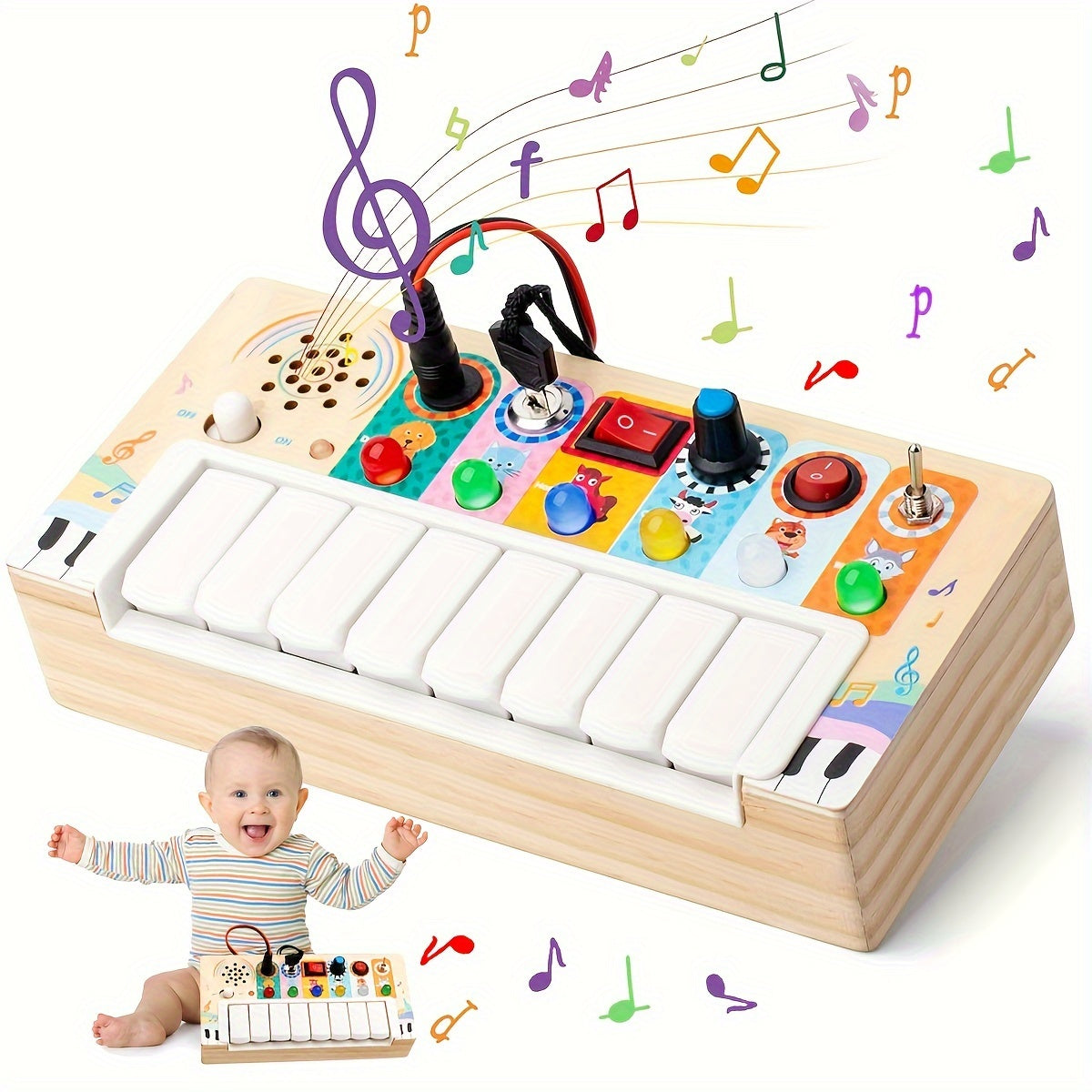 Wooden musical early learning toy with keys and lights