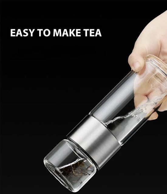 Thermo Bottle with Tea Filter – Glass & Wood – Double Walled – 500 ml – Clear