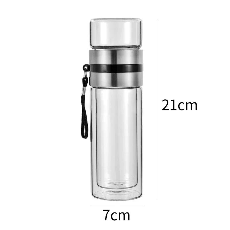 Thermo Bottle with Tea Filter – Glass & Wood – Double Walled – 500 ml – Clear