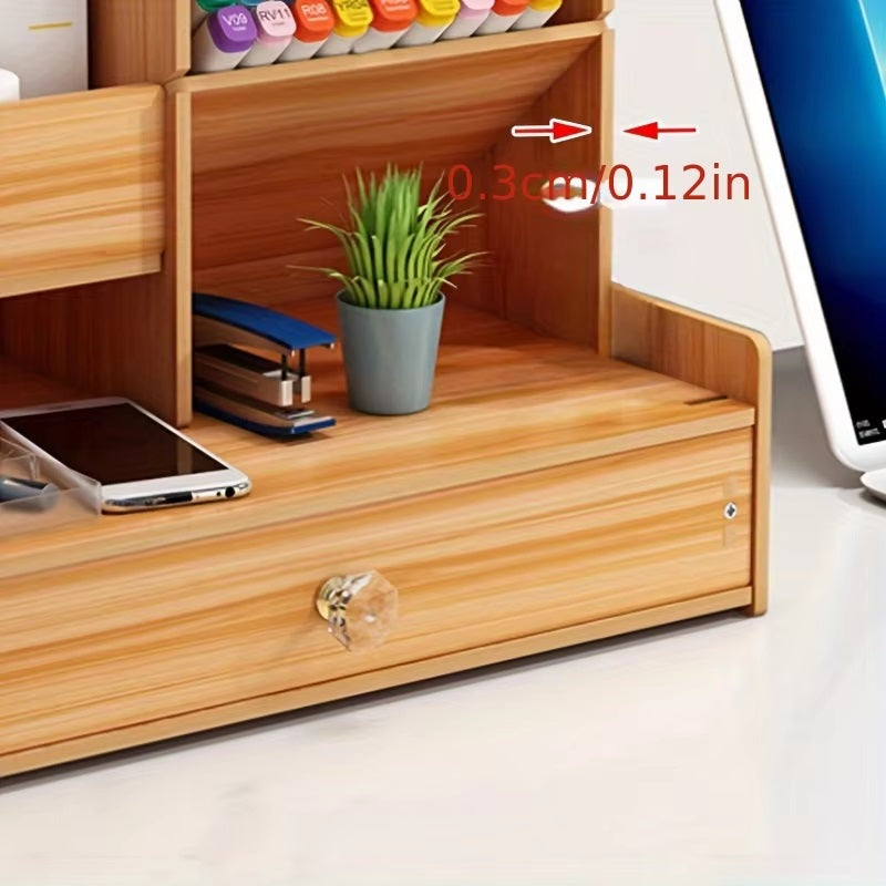 Wooden Desk Organizer with Drawer and Multiple Compartments