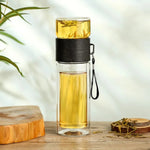 Thermo Bottle with Tea Filter – Glass & Wood – Double Walled – 500 ml – Clear