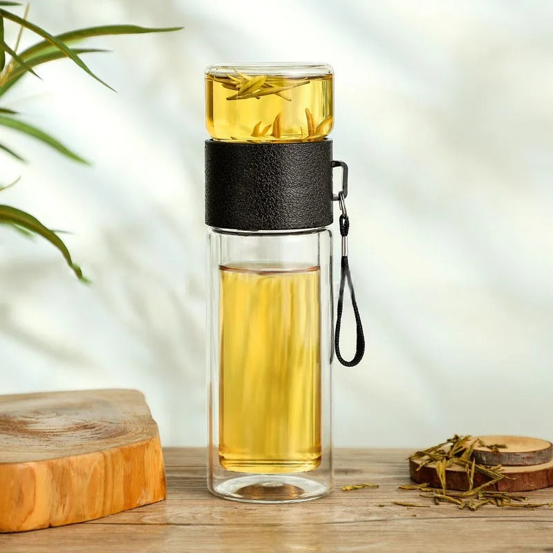 Thermo Bottle with Tea Filter – Glass & Wood – Double Walled – 500 ml – Clear