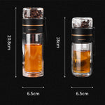 Doppelwandige Glas-Trinkflasche mit Teesieb und Trennbecher