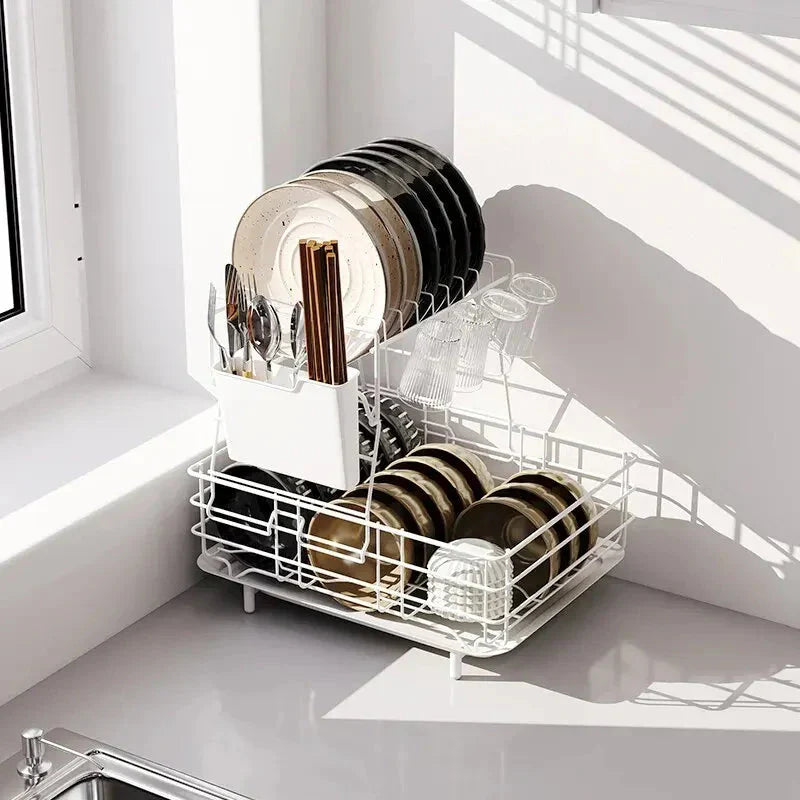 Double Stainless Steel Bowl and Dish Drying Rack for Cleaning